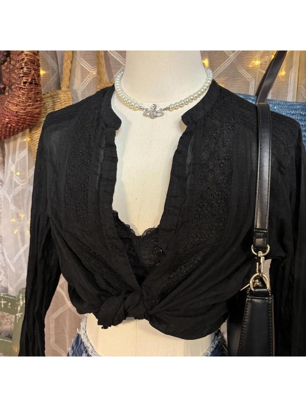 Eddie Bauer Black Lace Trim Sheer Blouse Dark Academia Whimsigoth Goth Medium